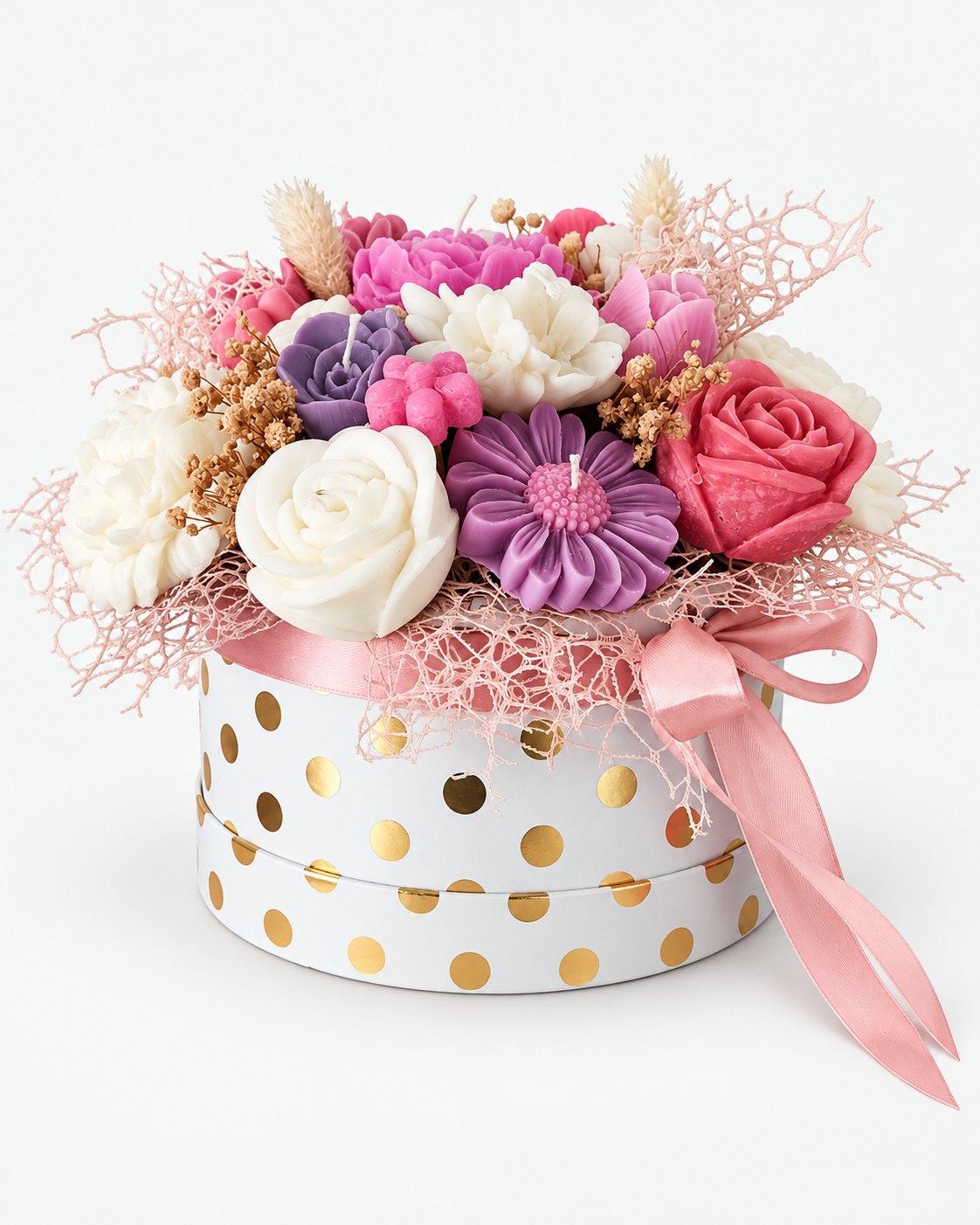 Flowerbox „Zlatne točkice” – mini Flowerbox Zlatne točkice mini – mirisne svijeće u bijeloj kutiji sa zlatnim točkicama
